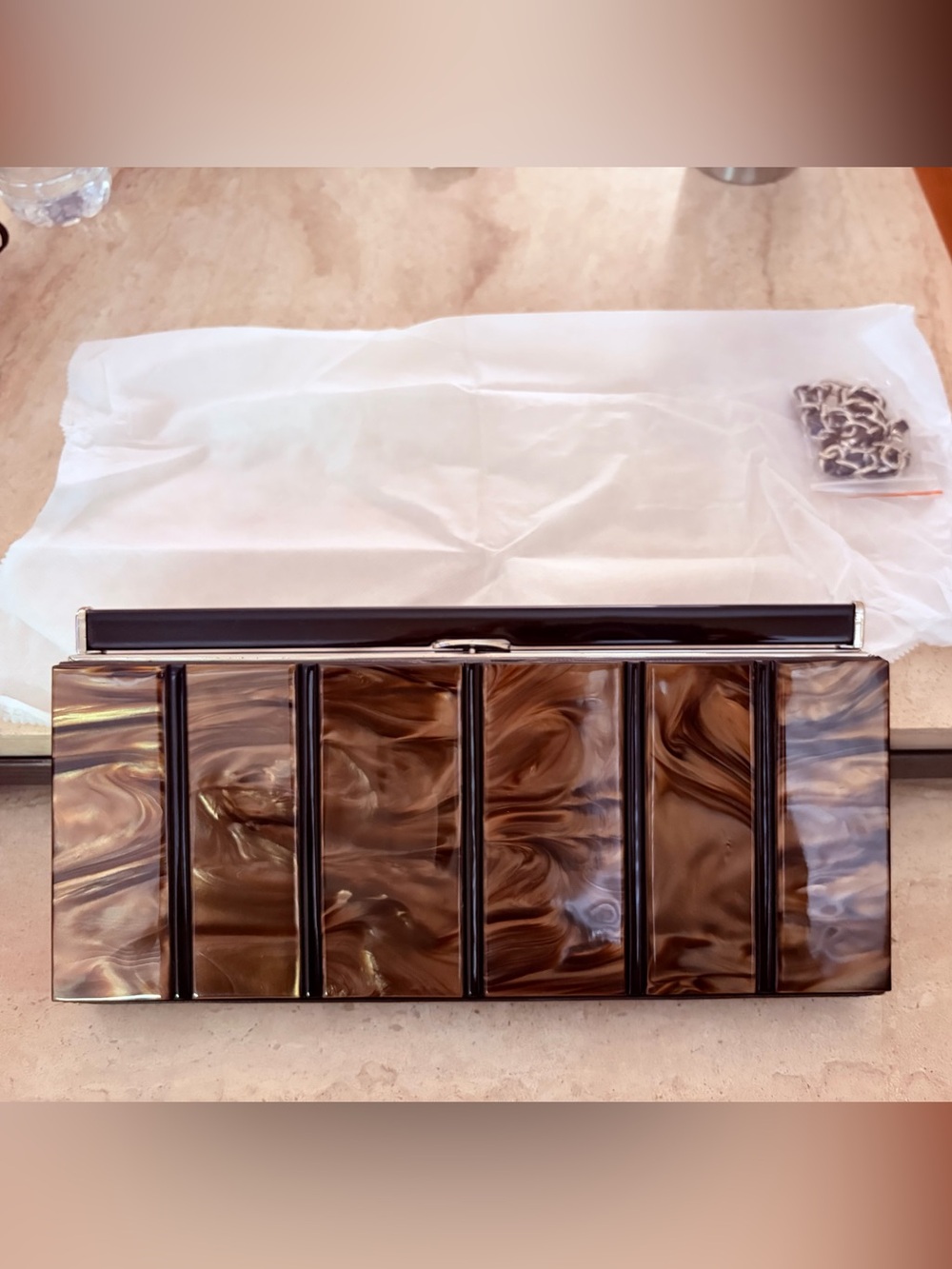 Brown Swirl Acrylic Clutch with Chain Strap